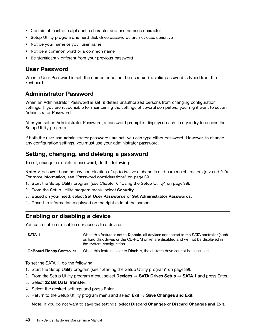 Lenovo 9421, 9486, 9353, 9485, 7061, 7090 User Password, Administrator Password, Setting, changing, and deleting a password 