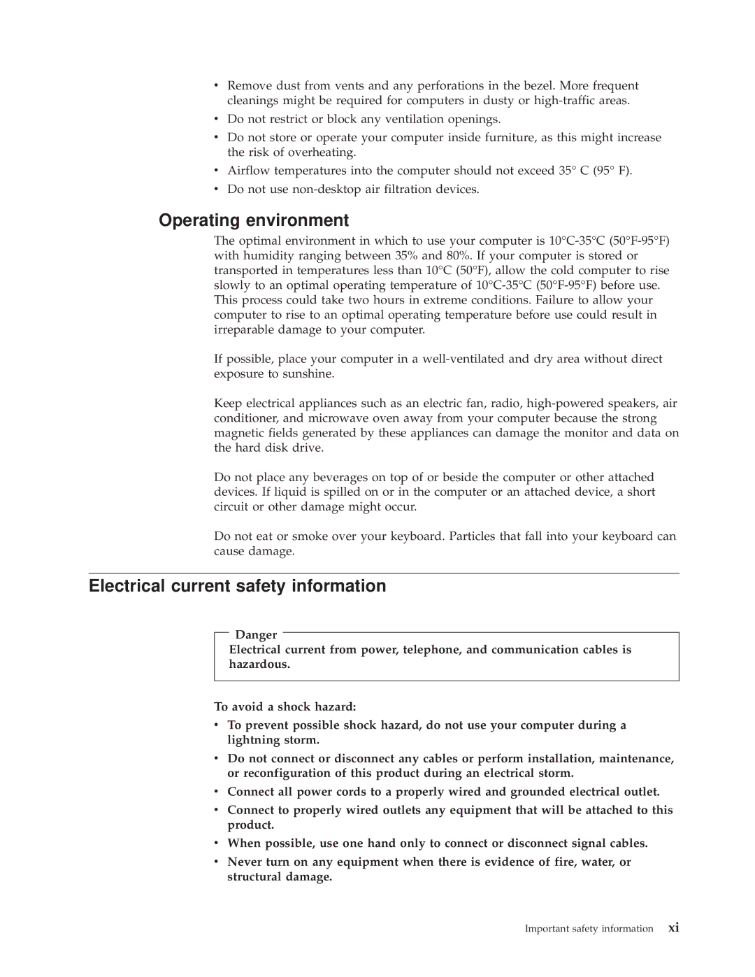 Lenovo 9643, 9638, 9644, 9645, 9640, TC A55-9636 manual Operating environment, Electrical current safety information 