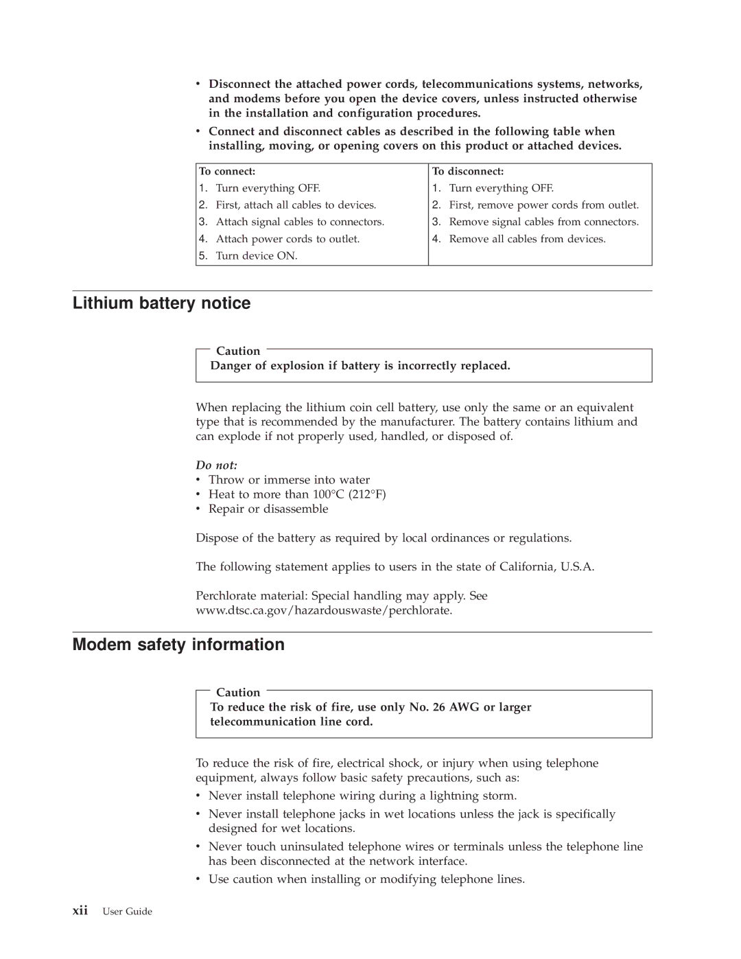 Lenovo 9644, 9638, 9643, 9645, 9640, TC A55-9636 Lithium battery notice, Modem safety information, To connect To disconnect 