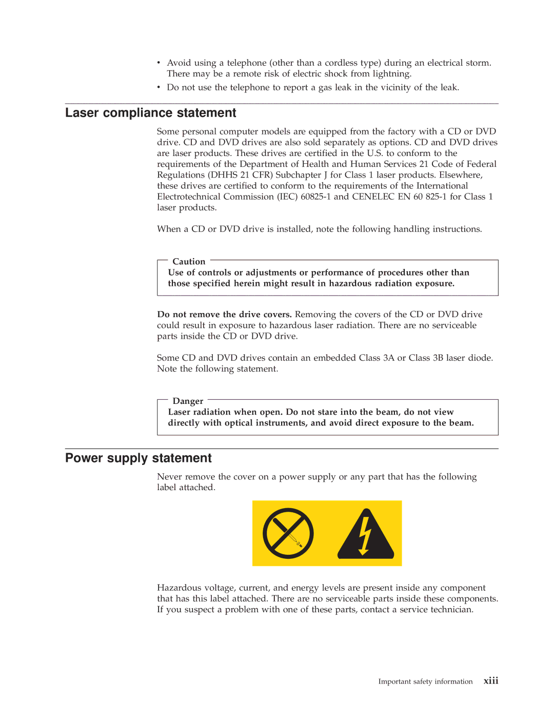 Lenovo 9645, 9638, 9643, 9644, 9640, TC A55-9636 manual Laser compliance statement, Power supply statement 