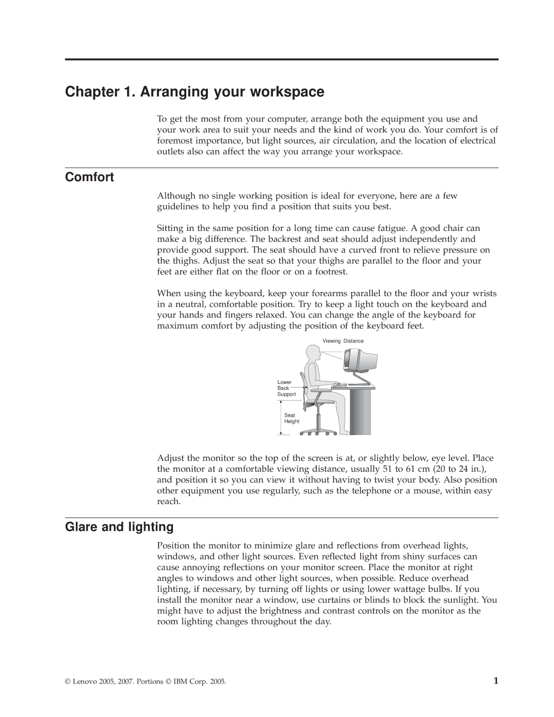 Lenovo 9643, 9638, 9644, 9645, 9640, TC A55-9636 manual Arranging your workspace, Comfort, Glare and lighting 