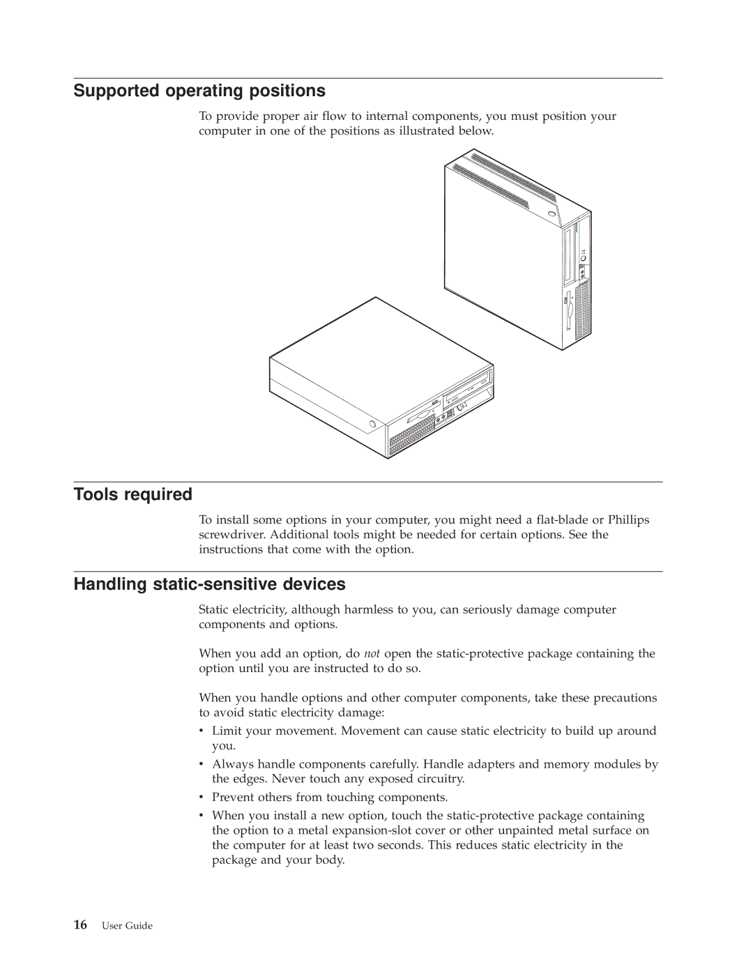 Lenovo 9640, 9638, 9643, 9644, 9645 manual Supported operating positions, Tools required, Handling static-sensitive devices 