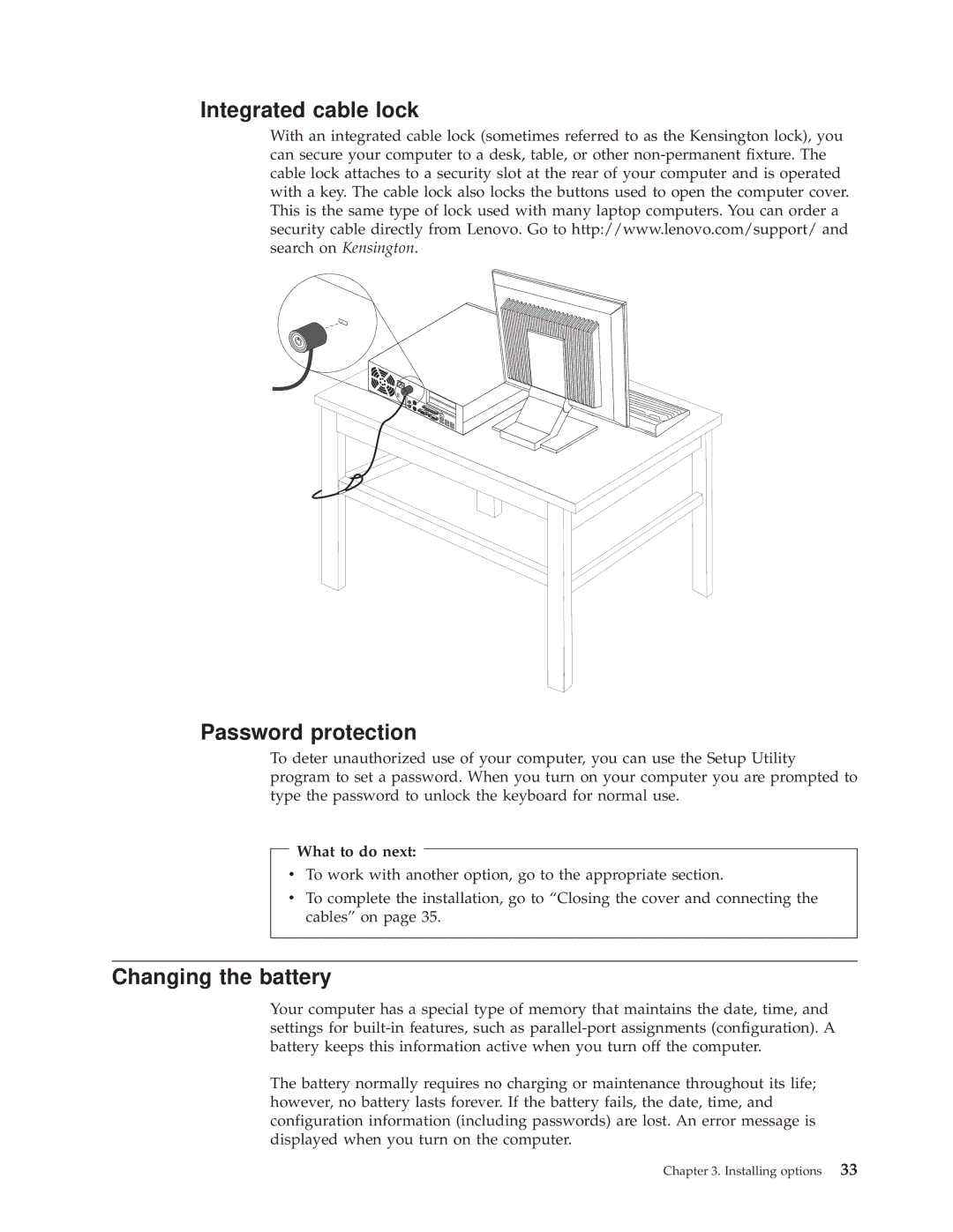 Lenovo 9645, 9638, 9643, 9644, 9640, TC A55-9636 manual Integrated cable lock Password protection, Changing the battery 