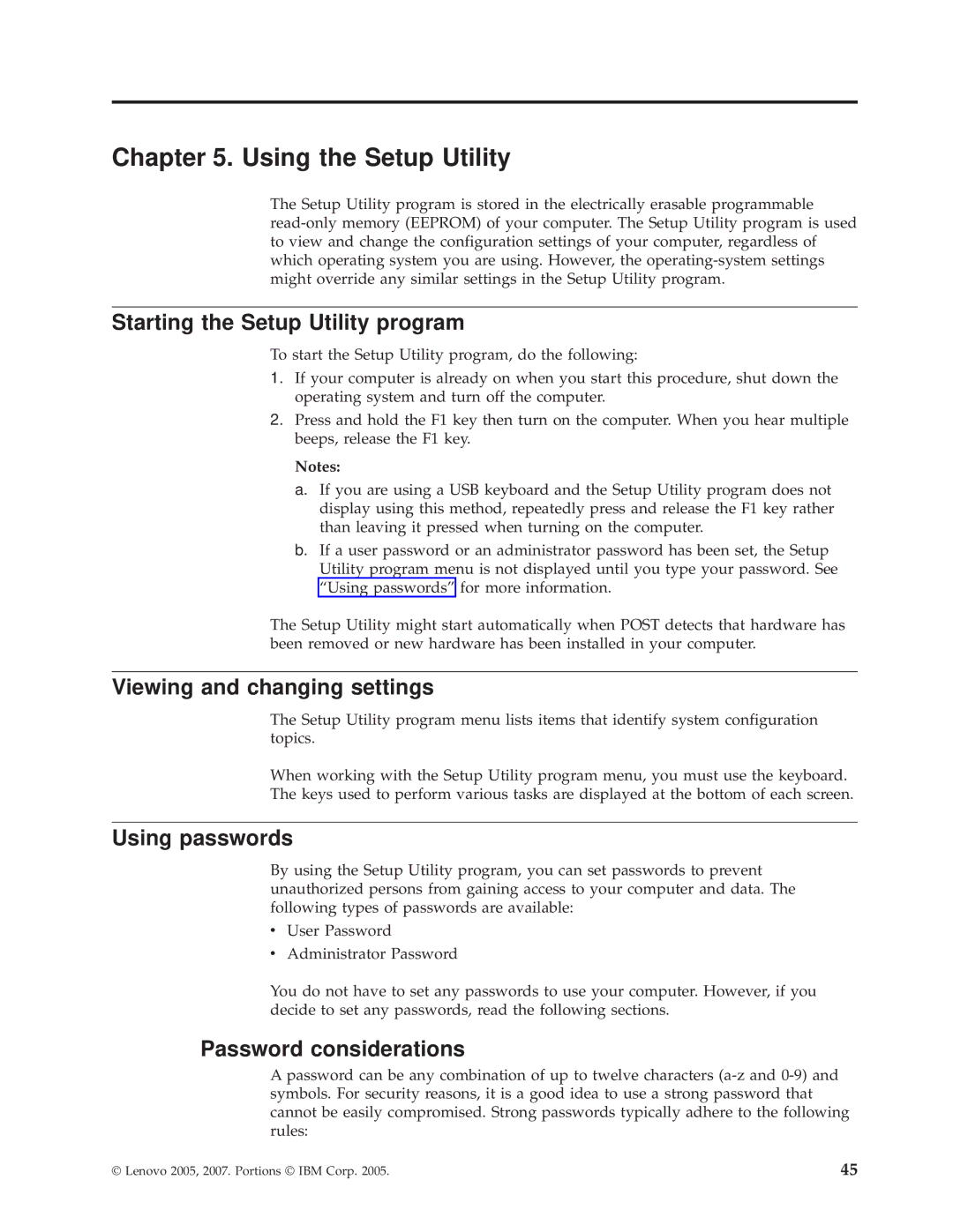 Lenovo 9645 Using the Setup Utility, Starting the Setup Utility program, Viewing and changing settings, Using passwords 