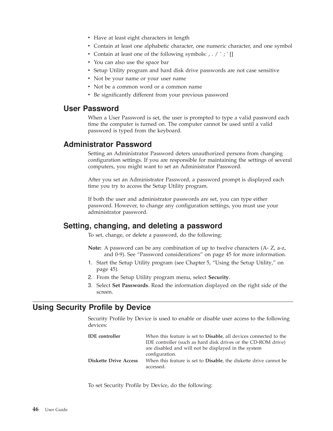 Lenovo 9640, 9638, 9643, 9644, 9645 manual User Password, Administrator Password, Setting, changing, and deleting a password 