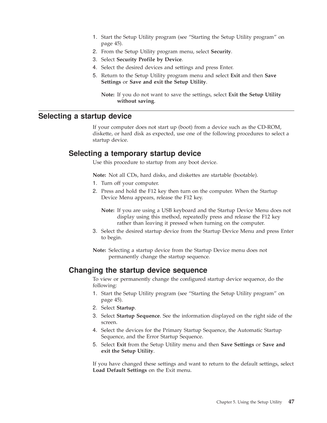 Lenovo TC A55-9636 Selecting a startup device, Selecting a temporary startup device, Changing the startup device sequence 