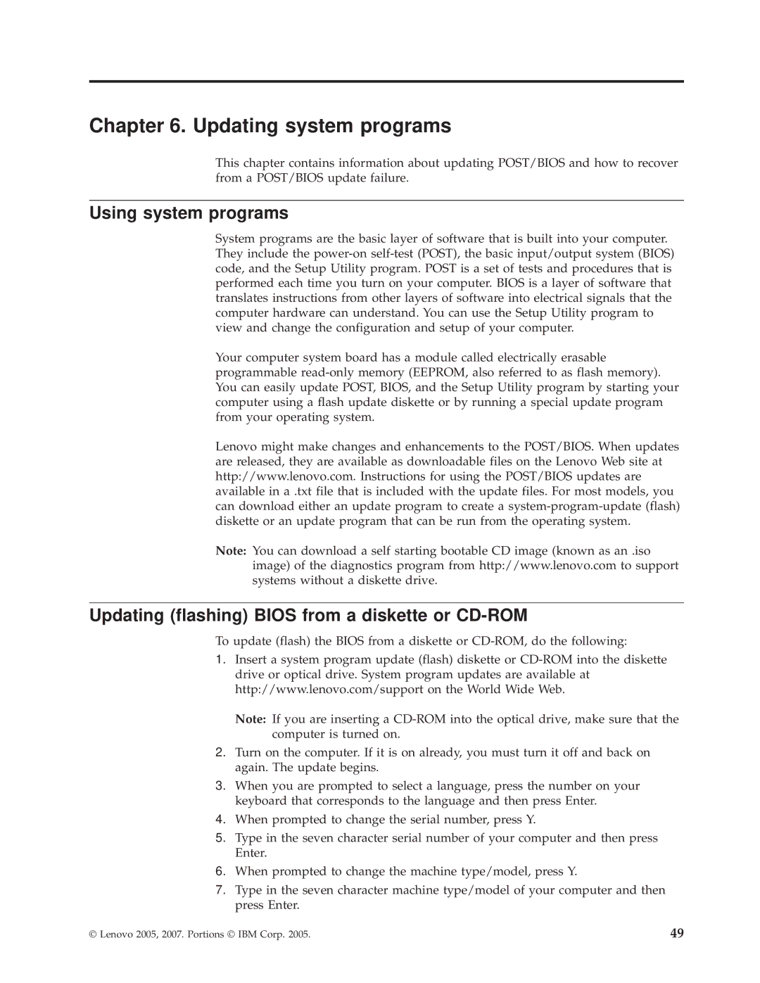 Lenovo 9643, 9638, 9644 Updating system programs, Using system programs, Updating flashing Bios from a diskette or CD-ROM 