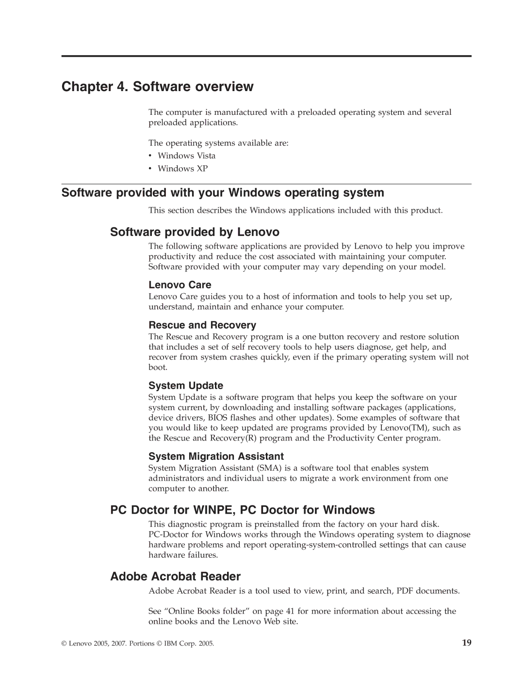 Lenovo 9686, 9683 Software overview, Software provided with your Windows operating system, Software provided by Lenovo 