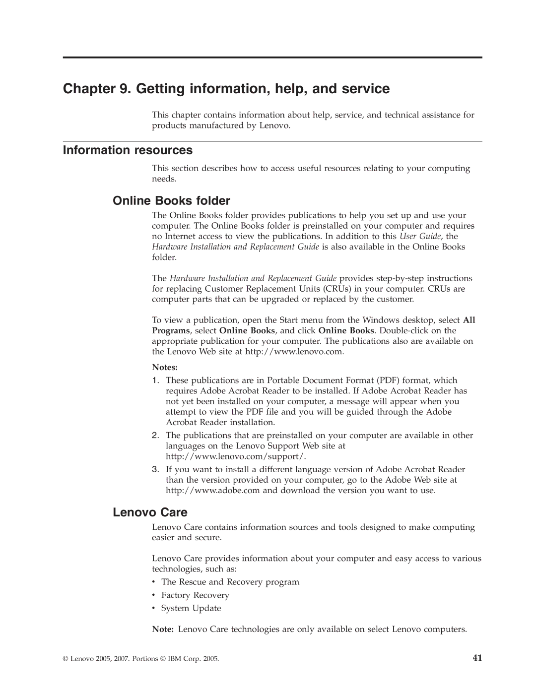 Lenovo 9691 7812, 9683 Getting information, help, and service, Information resources, Online Books folder, Lenovo Care 