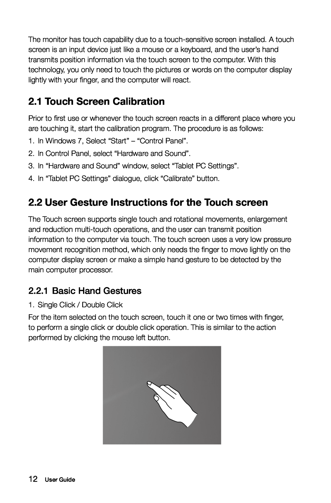 Lenovo 2568 [B540] 10101, 97 Touch Screen Calibration, User Gesture Instructions for the Touch screen, Basic Hand Gestures 