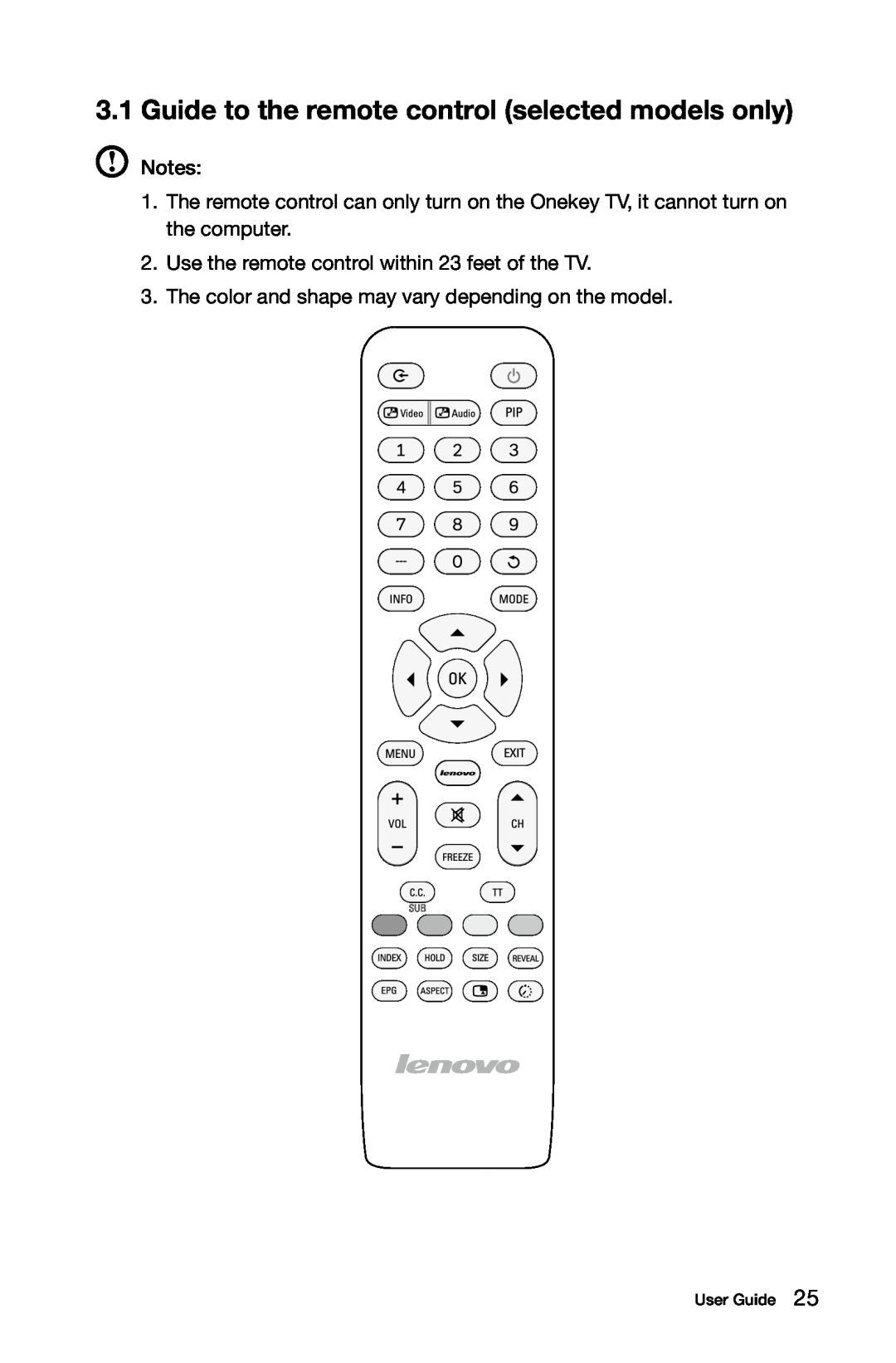 Lenovo 97 Guide to the remote control selected models only, Use the remote control within 23 feet of the TV, User Guide 