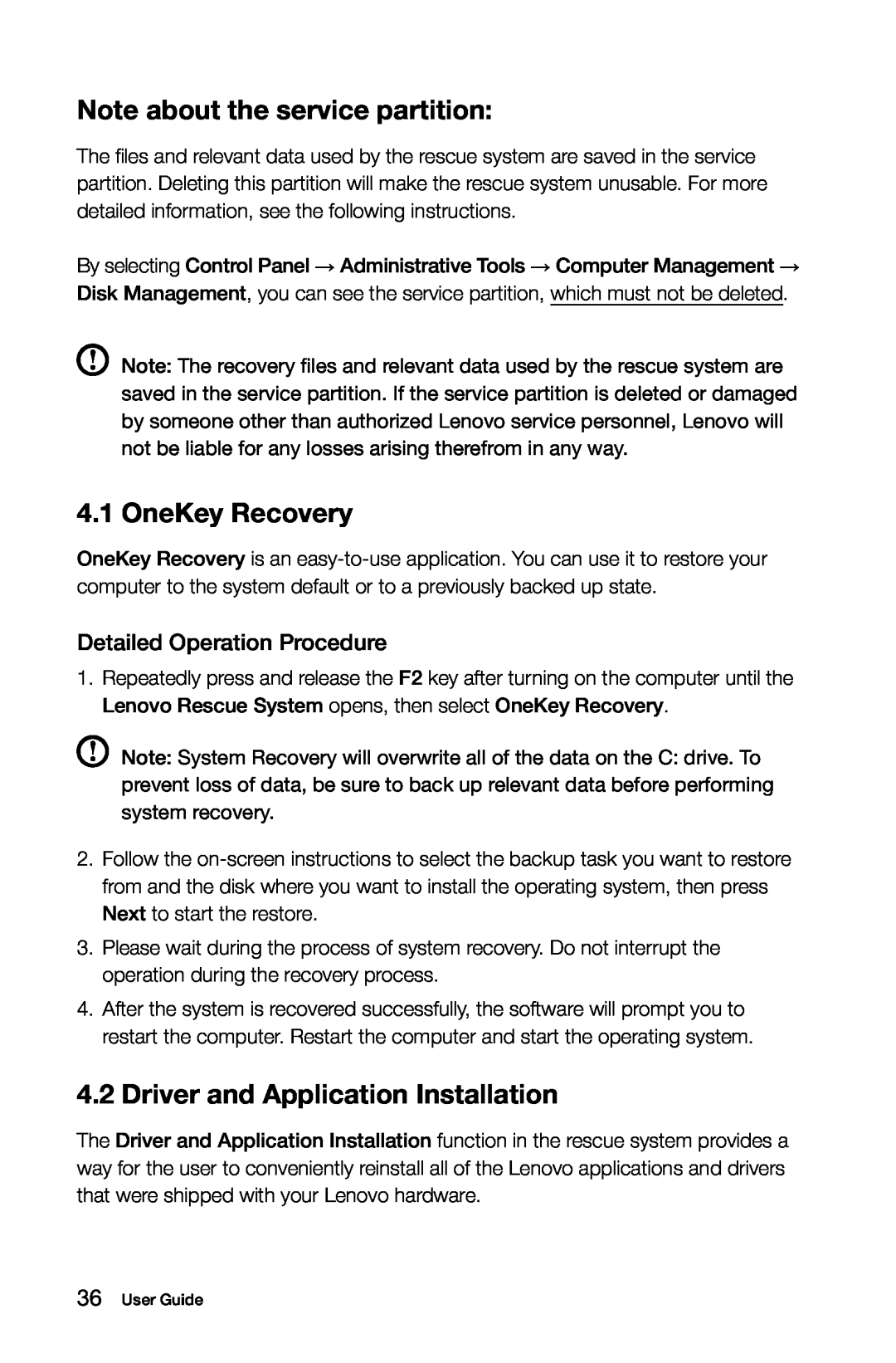 Lenovo 2568 [B540] 10101, 97 manual Note about the service partition, OneKey Recovery, Driver and Application Installation 