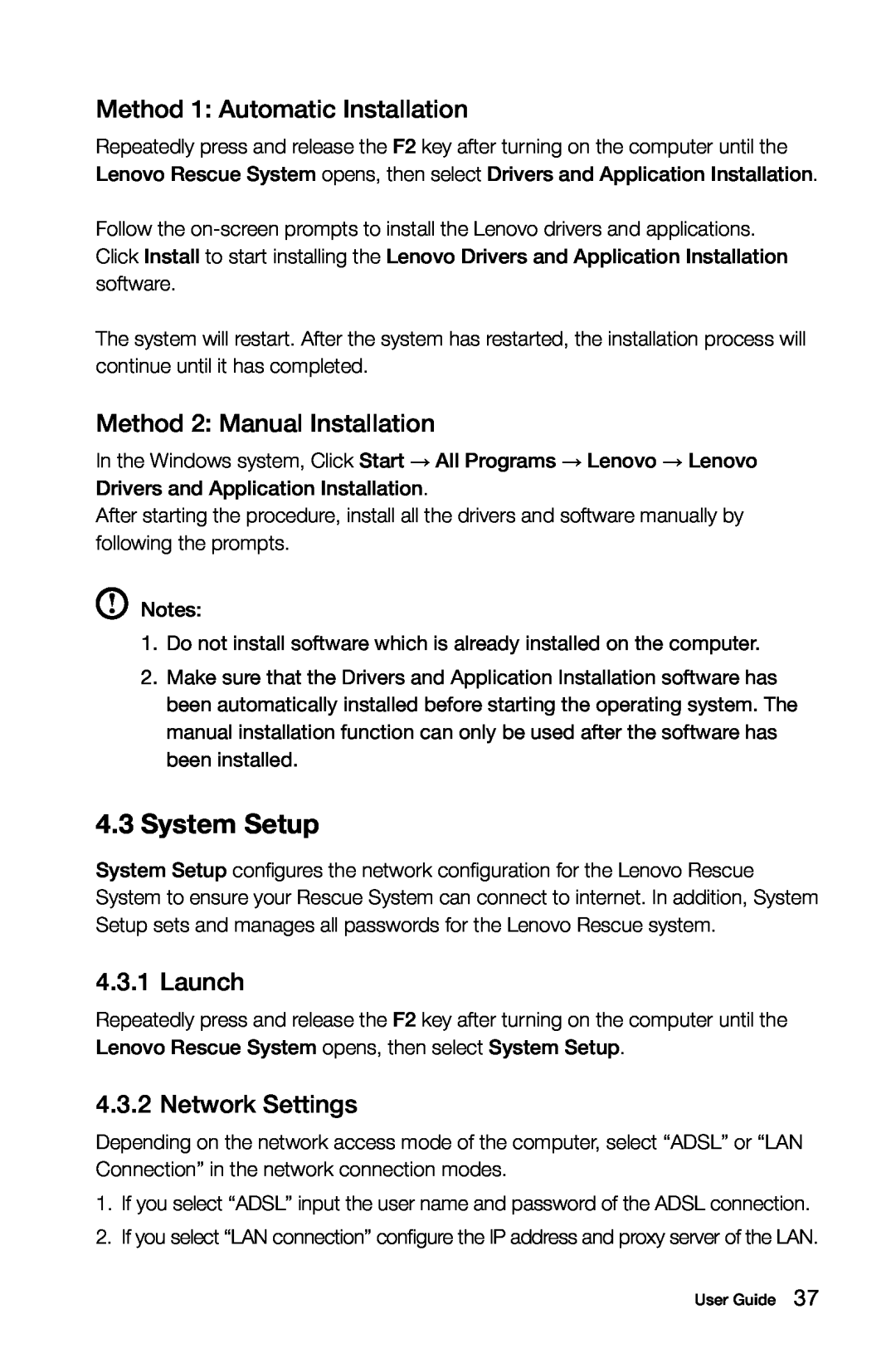 Lenovo 97 manual System Setup, Method 1 Automatic Installation, Method 2 Manual Installation, Launch, Network Settings 