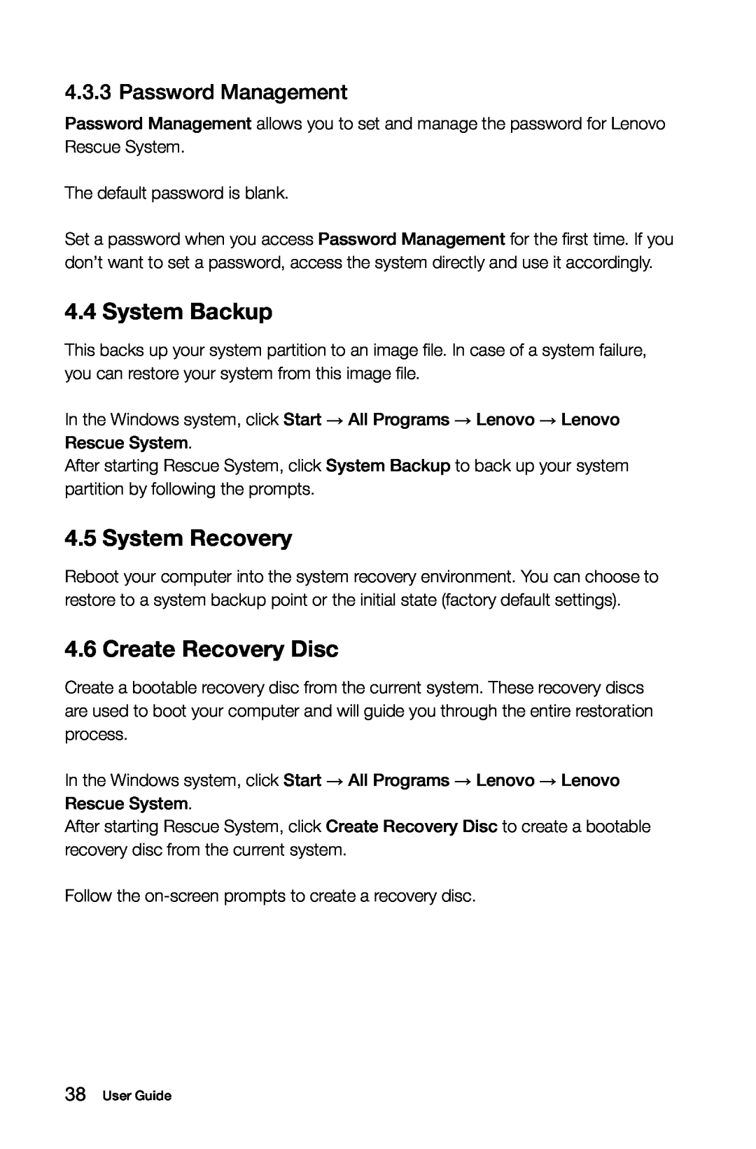 Lenovo 4749 [B545], 97, 3363 [B540p] 10098 manual System Backup, System Recovery, Create Recovery Disc, Password Management 
