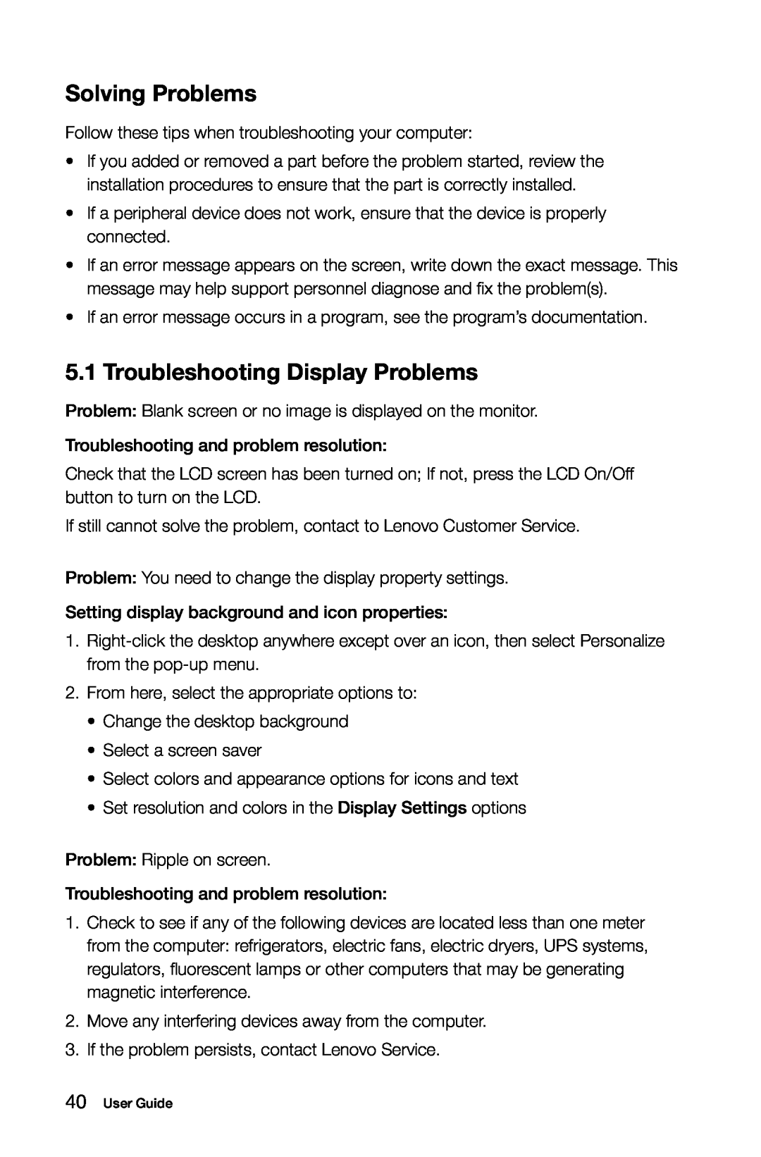 Lenovo 2567 [B345] 10100, 97, 4749 [B545], 3363 [B540p] 10098 manual Solving Problems, Troubleshooting Display Problems 