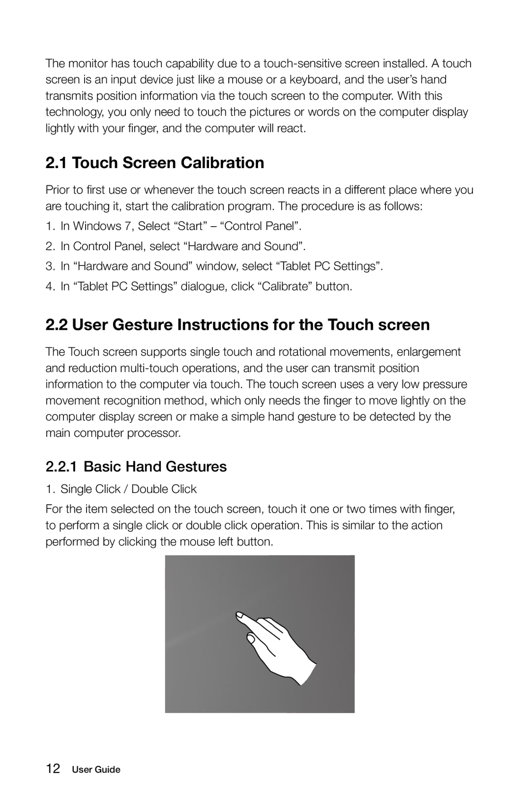 Lenovo 2568 [B540] 10101, 97 Touch Screen Calibration, User Gesture Instructions for the Touch screen, Basic Hand Gestures 