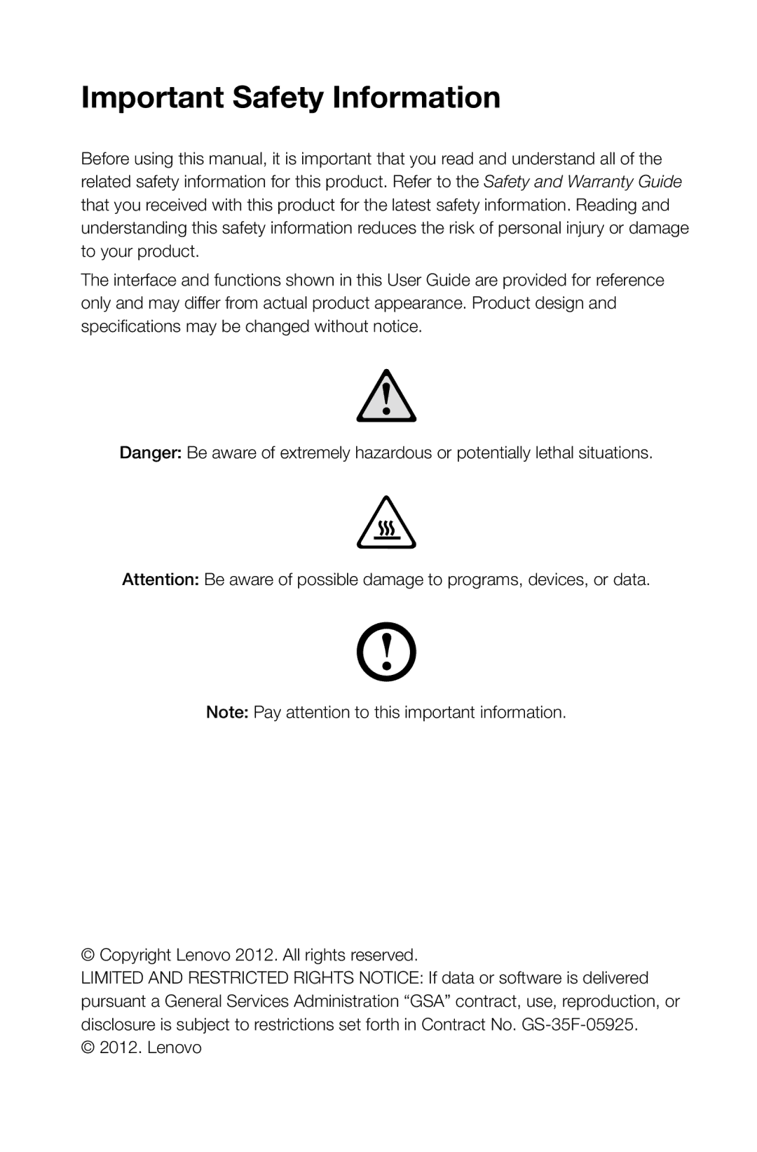 Lenovo 3363 [B540p] 10098, 97, 4749 [B545], 2567 [B345] 10100, 2566 [B340] 10099 manual Important Safety Information 