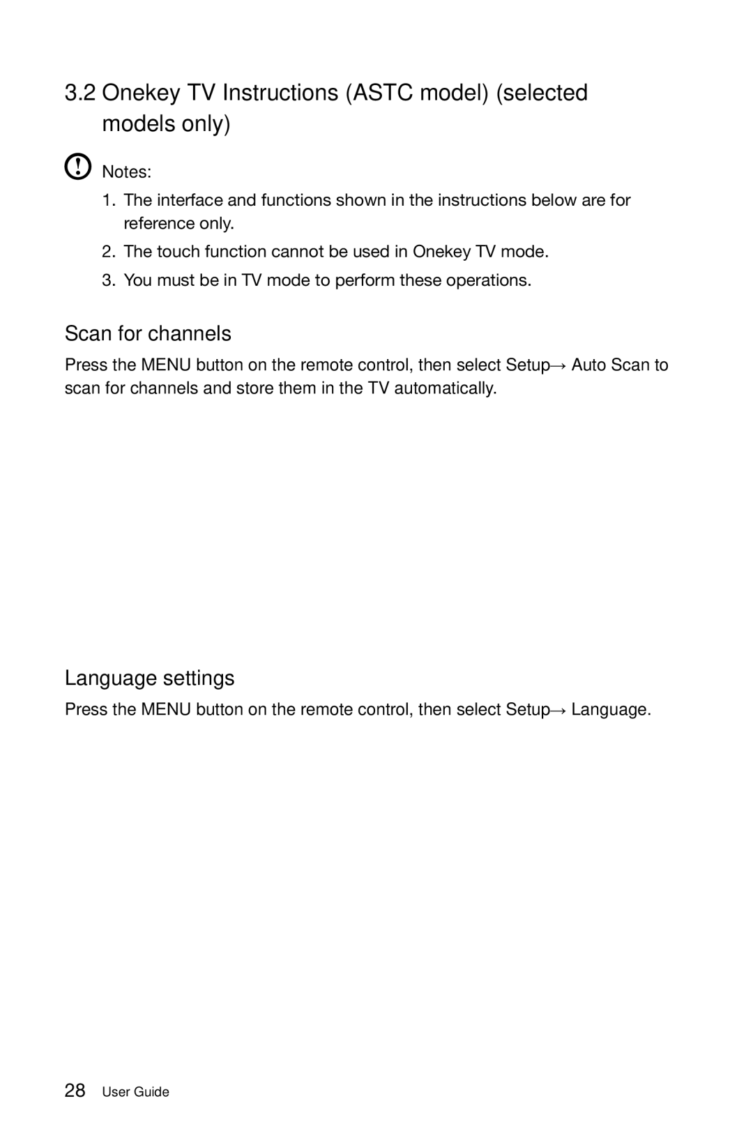 Lenovo 2567 [B345] 10100, 97 Onekey TV Instructions Astc model selected models only, Scan for channels, Language settings 