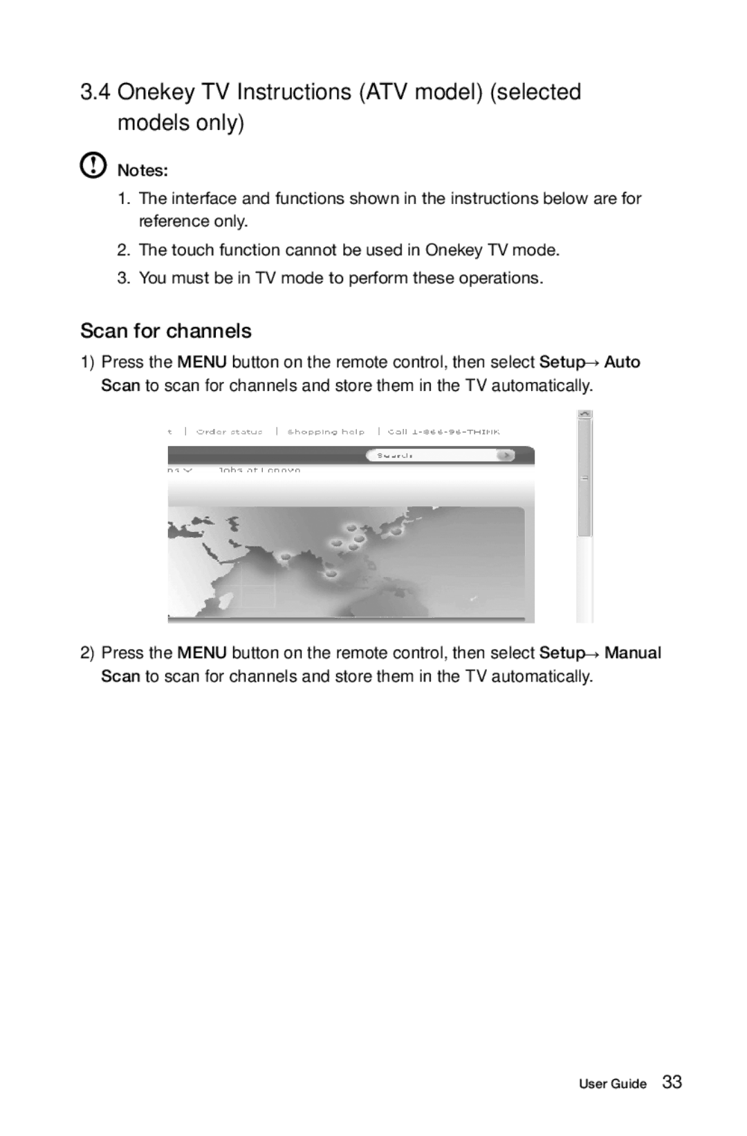 Lenovo 3363 [B540p] 10098, 97, 4749 [B545] manual Onekey TV Instructions ATV model selected models only, Scan for channels 