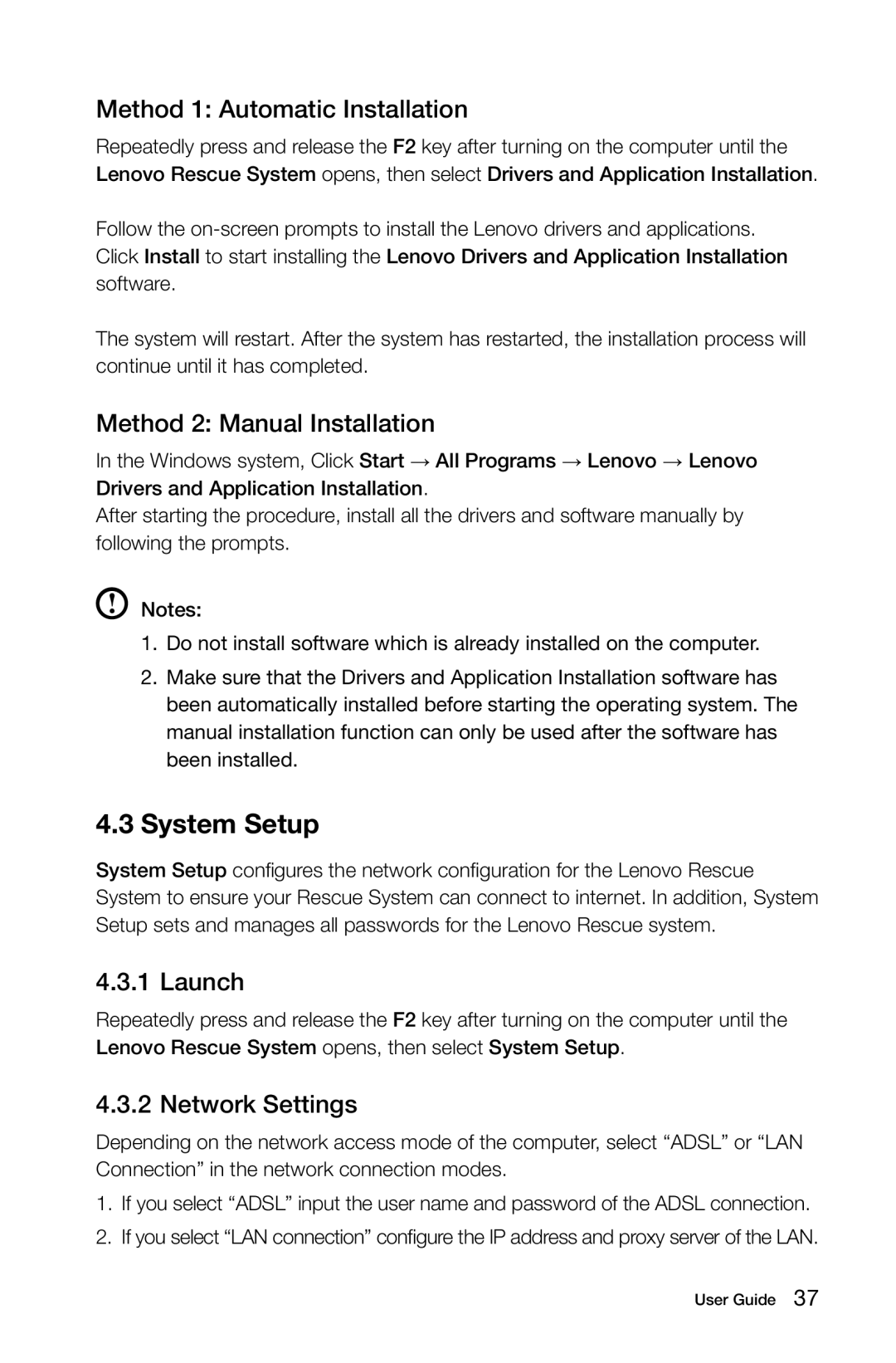 Lenovo 97 manual System Setup, Method 1 Automatic Installation, Method 2 Manual Installation, Launch, Network Settings 