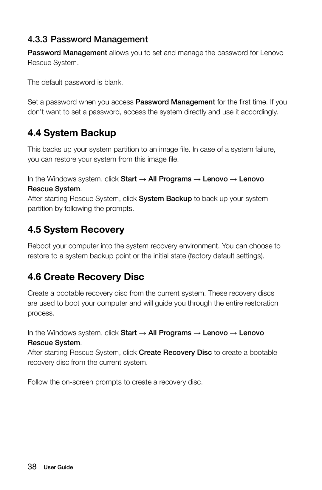 Lenovo 4749 [B545], 97, 3363 [B540p] 10098 manual System Backup, System Recovery, Create Recovery Disc, Password Management 