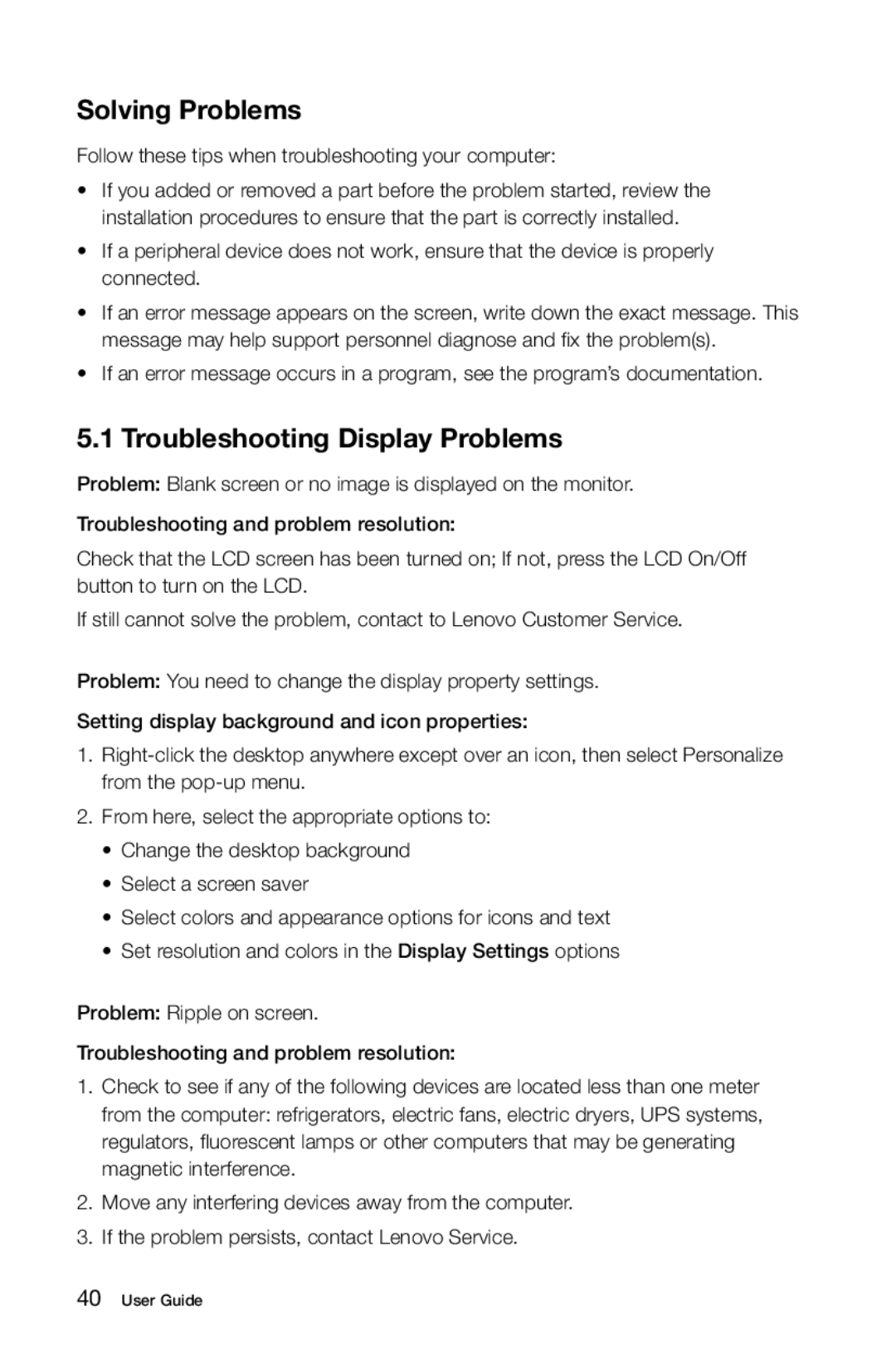 Lenovo 2567 [B345] 10100, 97, 4749 [B545], 3363 [B540p] 10098 manual Solving Problems, Troubleshooting Display Problems 