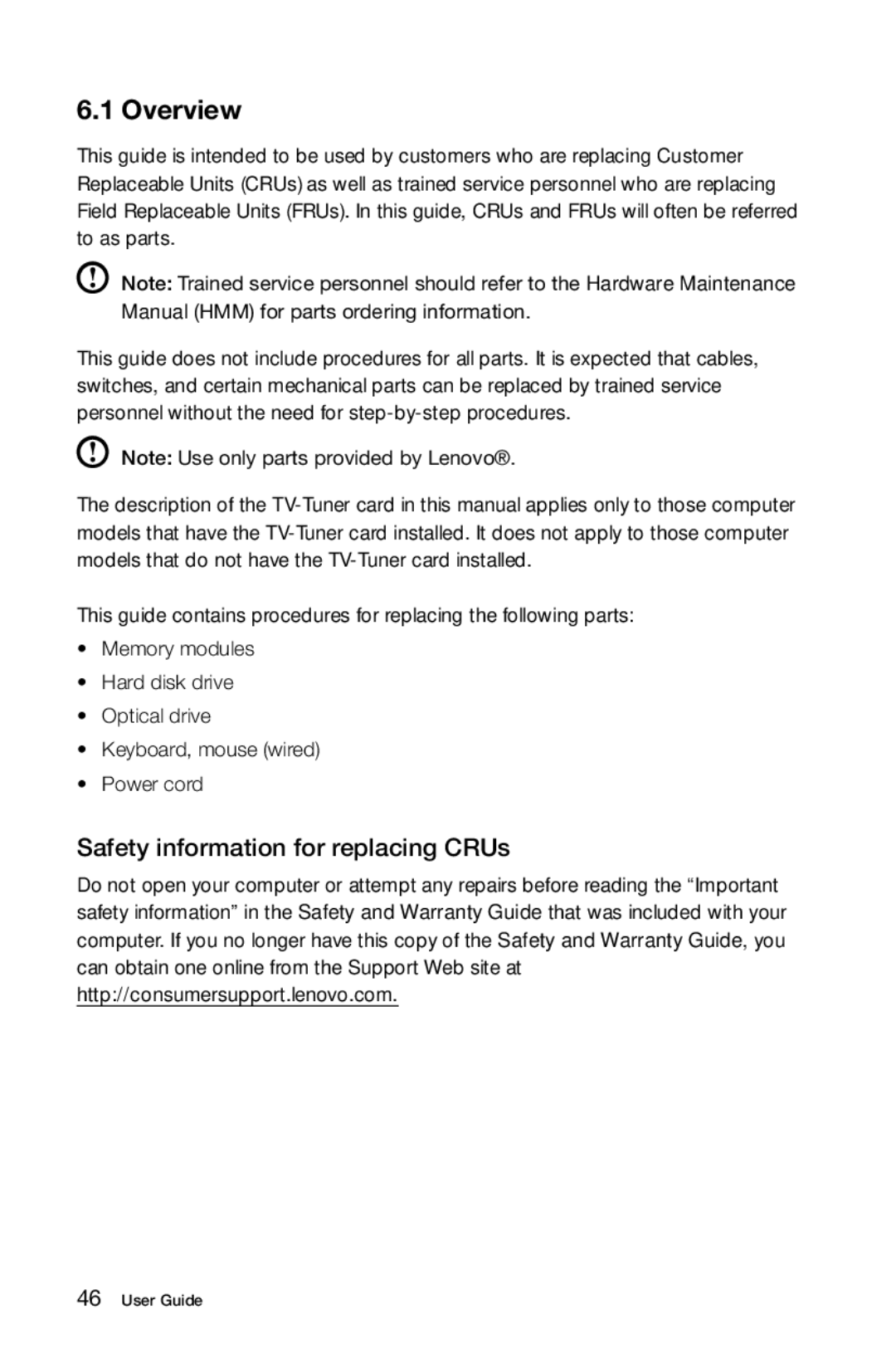 Lenovo 2567 [B345] 10100, 97, 4749 [B545], 3363 [B540p] 10098 manual Overview, Safety information for replacing CRUs 