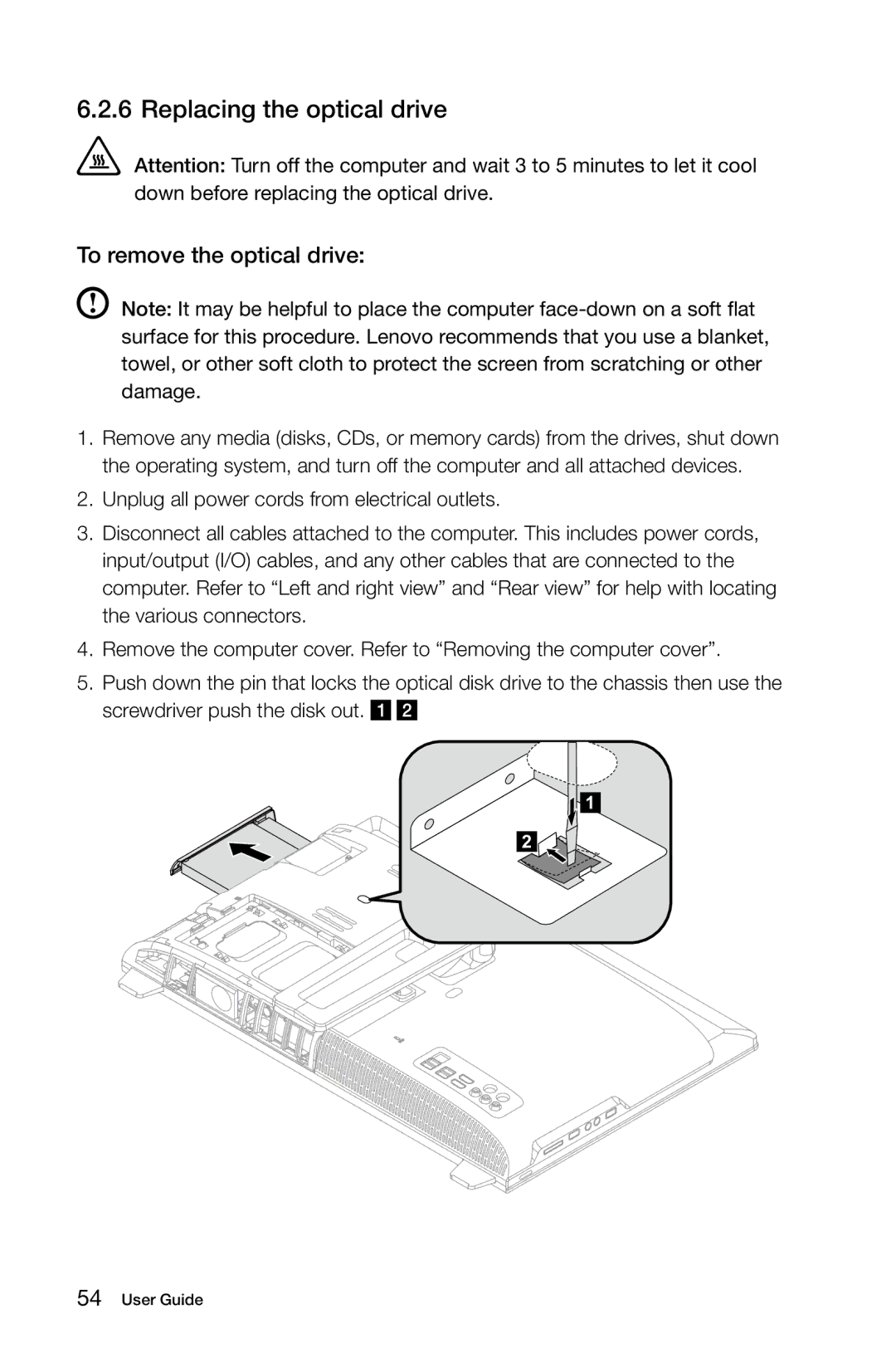 Lenovo 2568 [B540] 10101, 97, 4749 [B545], 3363 [B540p] 10098 manual Replacing the optical drive, To remove the optical drive 