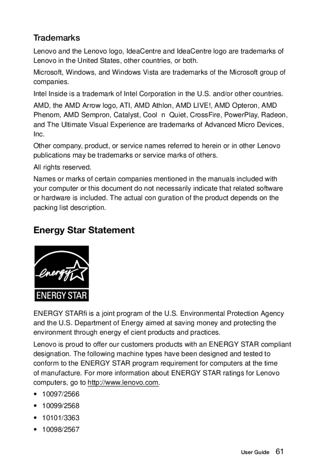 Lenovo 97, 4749 [B545], 3363 [B540p] 10098, 2567 [B345] 10100, 2566 [B340] 10099 manual Energy Star Statement, Trademarks 