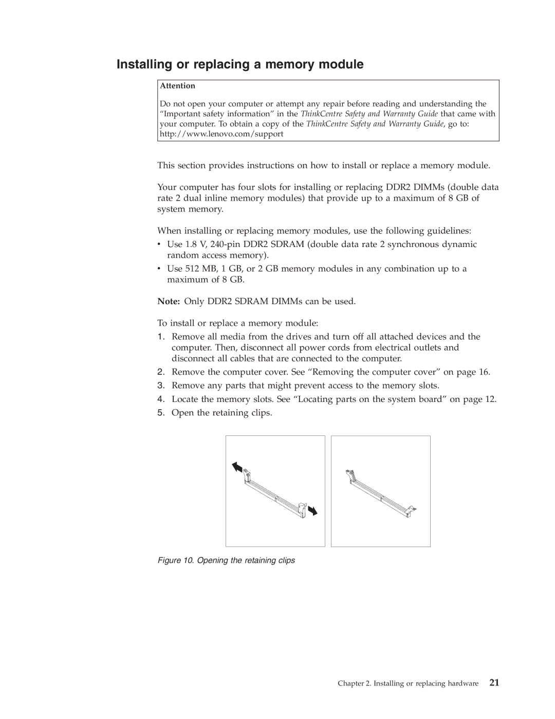 Lenovo 9353, 9705, 9625, 9421, 9485, 9623, 7061, 7090, 3656 Installing or replacing a memory module, Opening the retaining clips 