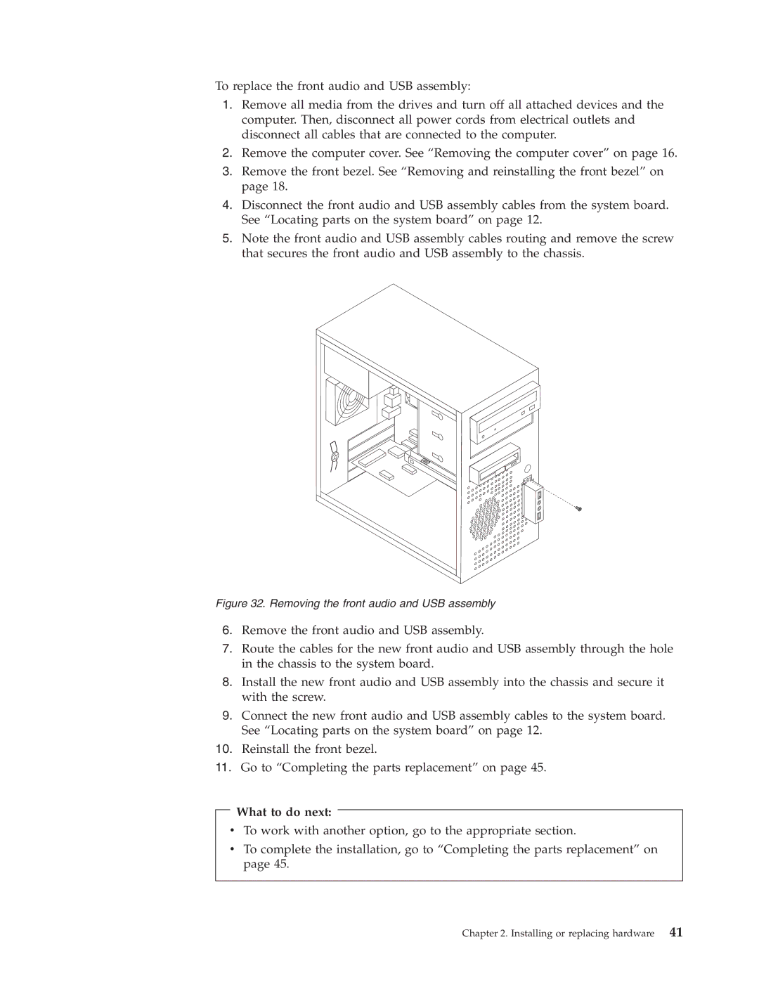 Lenovo 9935, 9705, 9625, 9421, 9353, 9485, 9623, 7061, 7090, 3656, 9795, 9953, 9946 manual Removing the front audio and USB assembly 