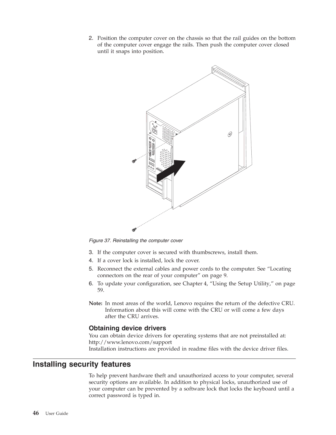 Lenovo 9421, 9705, 9625, 9353, 9485, 9623, 7061, 7090, 3656, 9795 Installing security features, Reinstalling the computer cover 