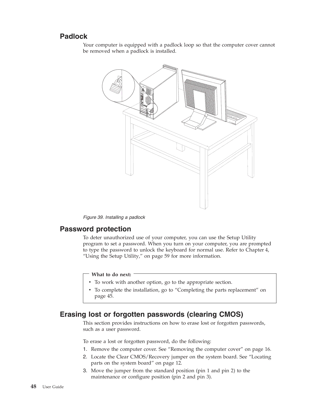 Lenovo 9485, 9705, 9625, 9421, 9353, 9623, 7061 Padlock, Password protection, Erasing lost or forgotten passwords clearing Cmos 