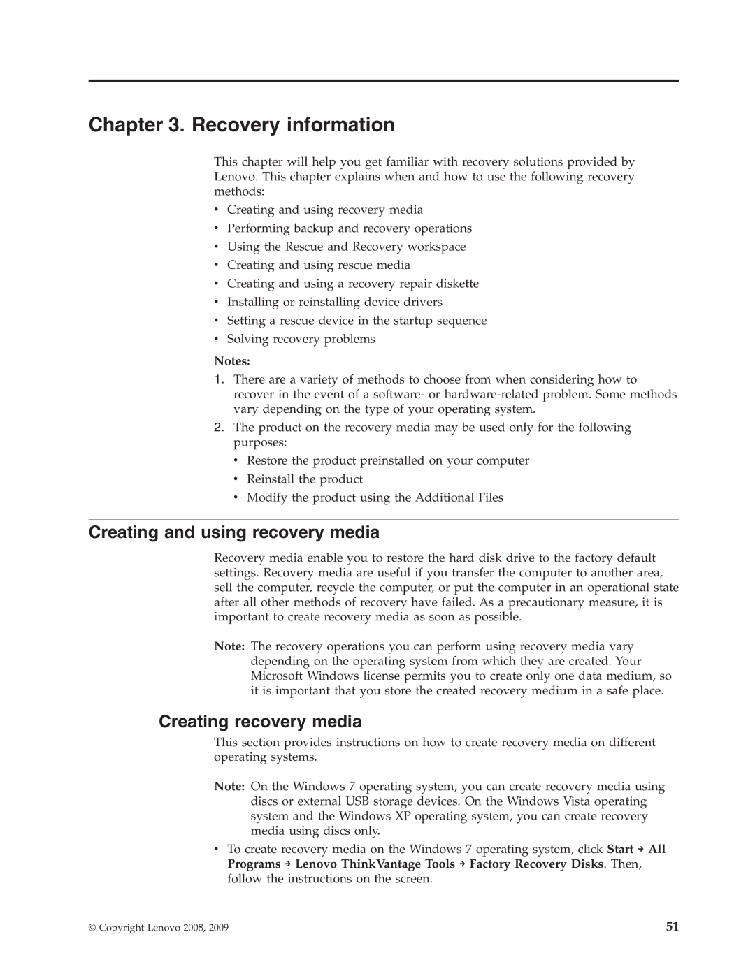 Lenovo 7090, 9705, 9625, 9421, 9353, 9485 Recovery information, Creating and using recovery media, Creating recovery media 