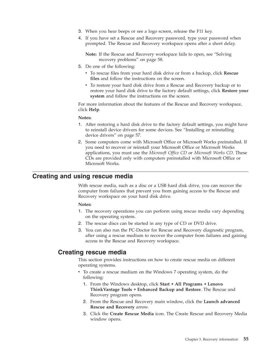 Lenovo 9953, 9705, 9625, 9421, 9353, 9485, 9623, 7061, 7090, 3656, 9795, 9935 Creating and using rescue media, Creating rescue media 