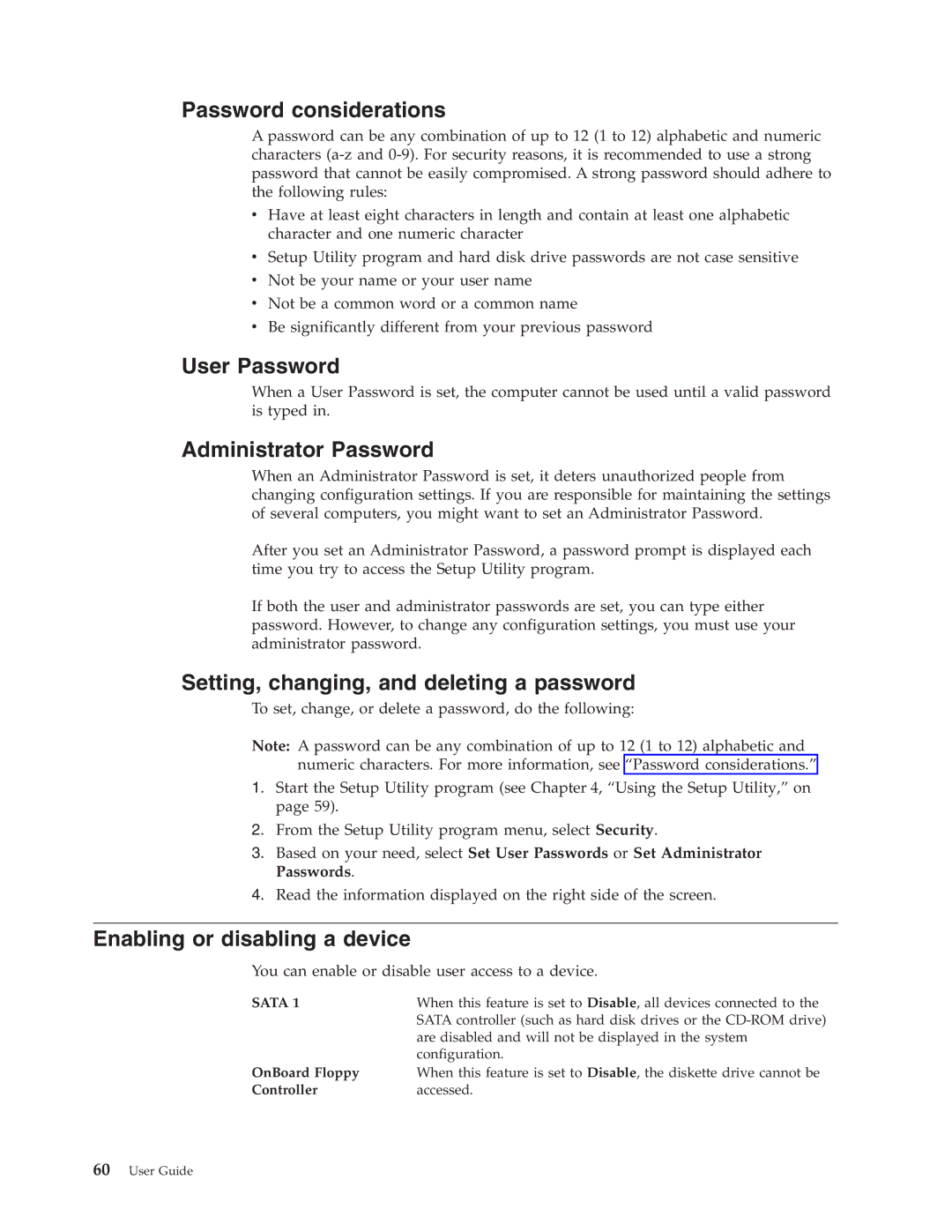 Lenovo 9353 Password considerations, User Password, Administrator Password, Setting, changing, and deleting a password 