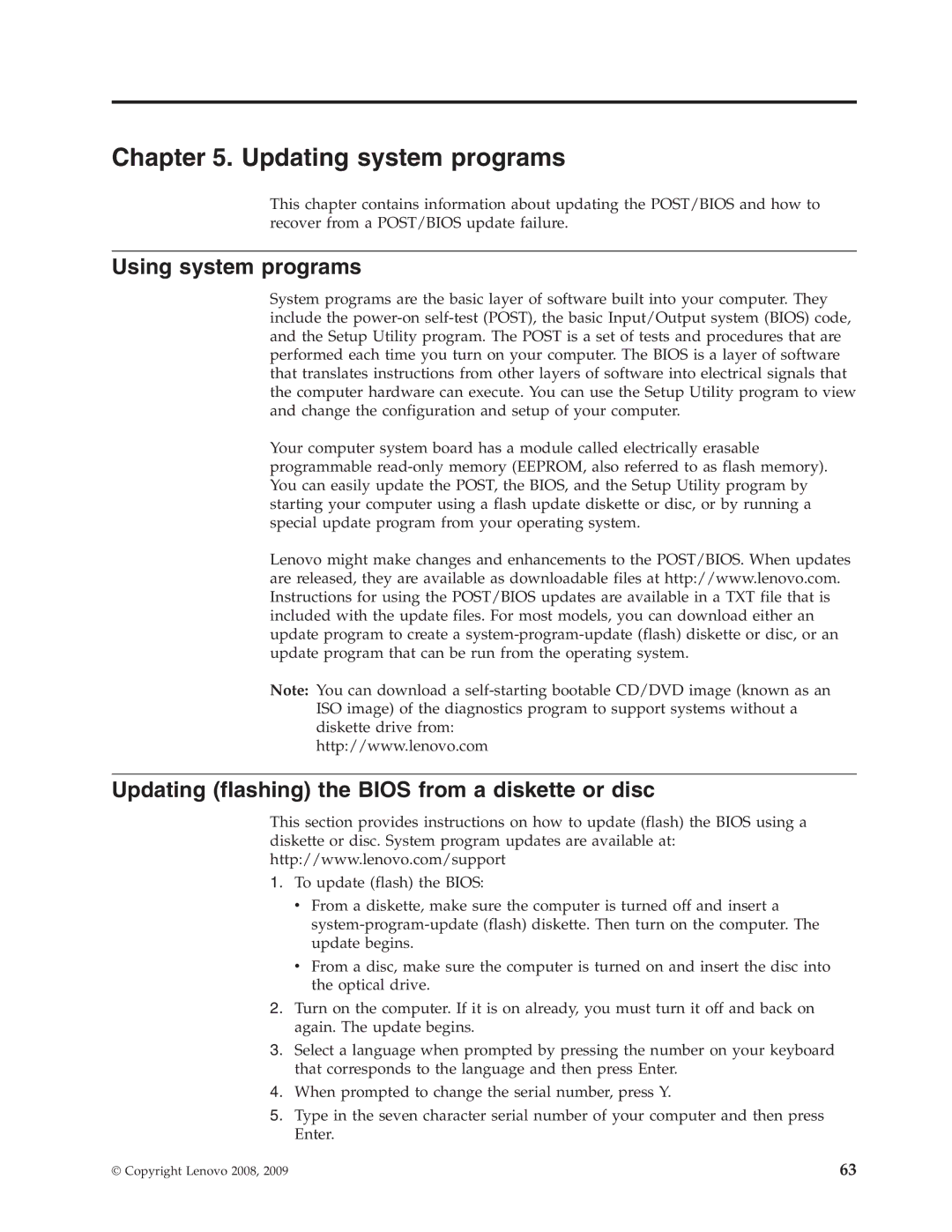 Lenovo 7061, 9705, 9625 Updating system programs, Using system programs, Updating flashing the Bios from a diskette or disc 