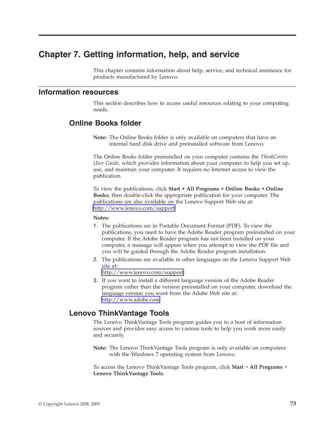 Lenovo 9353 Getting information, help, and service, Information resources, Online Books folder, Lenovo ThinkVantage Tools 