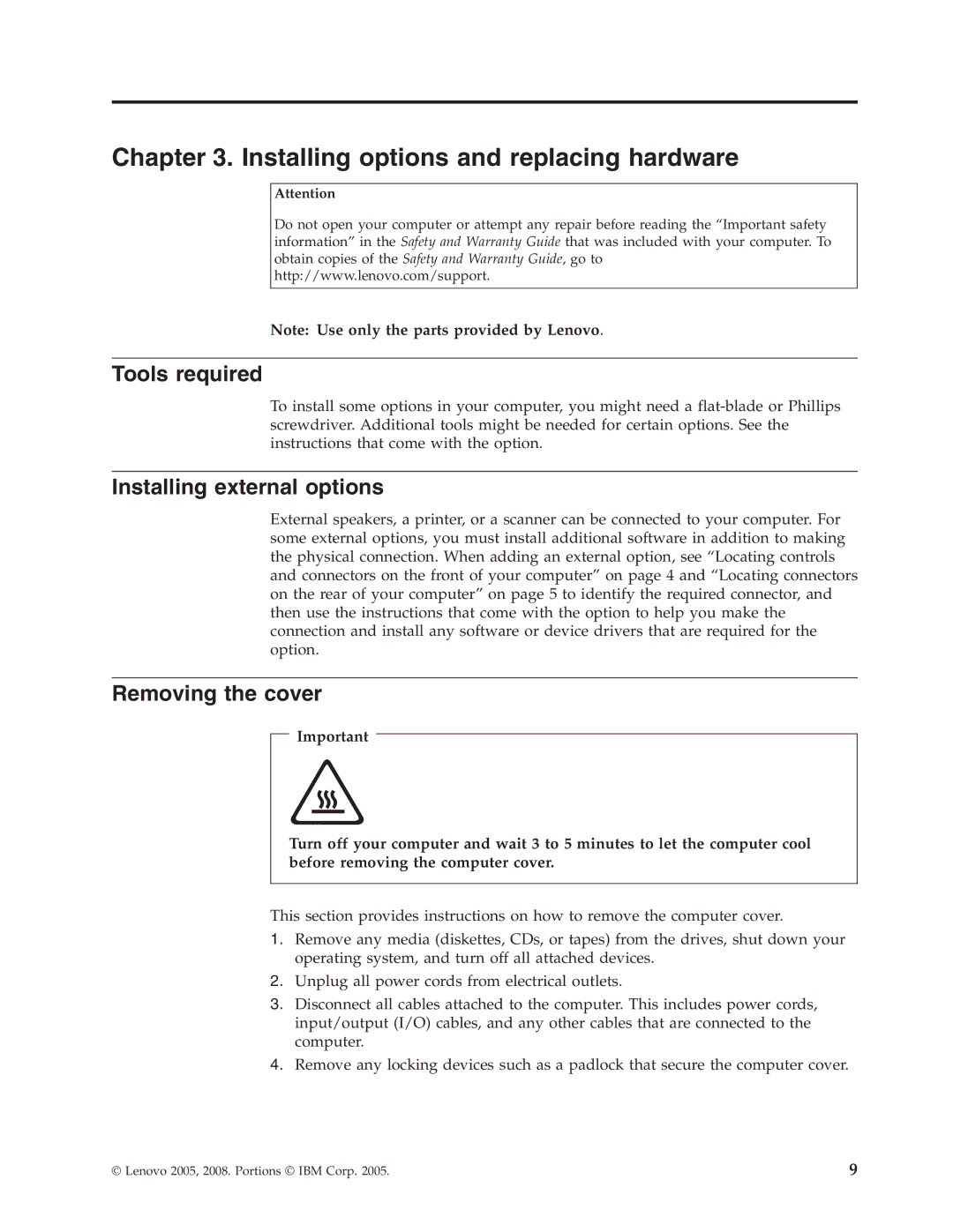 Lenovo 9351 Installing options and replacing hardware, Tools required, Installing external options, Removing the cover 