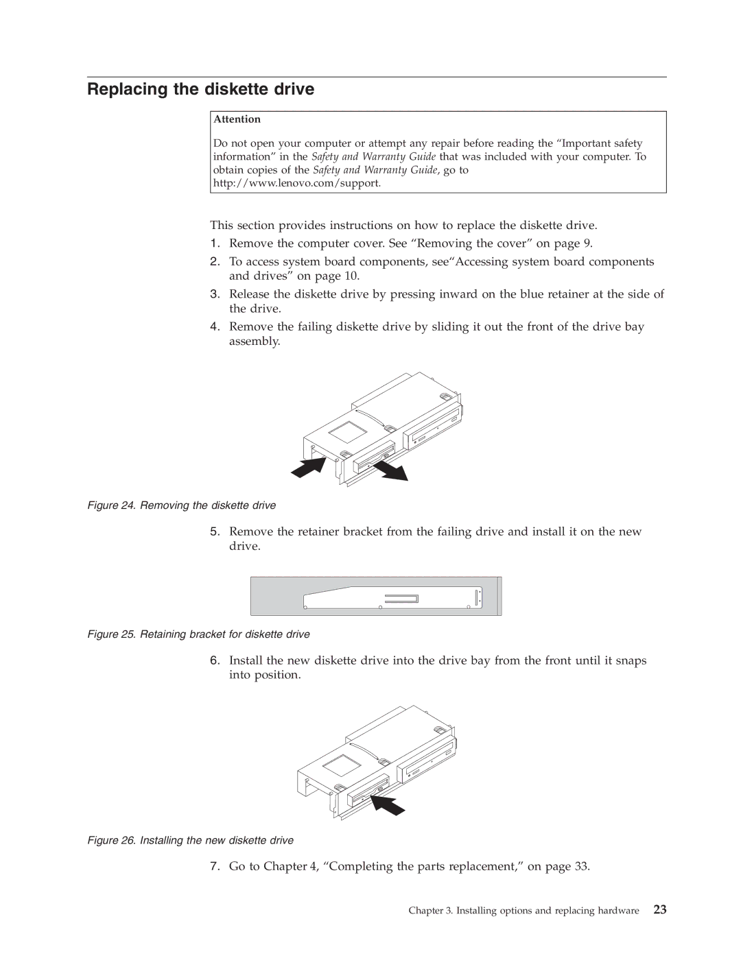 Lenovo 7096, 9784, 9489, 9703, 9358, 9481, 9351, 9438, 9792, 9949, 9853 Replacing the diskette drive, Removing the diskette drive 