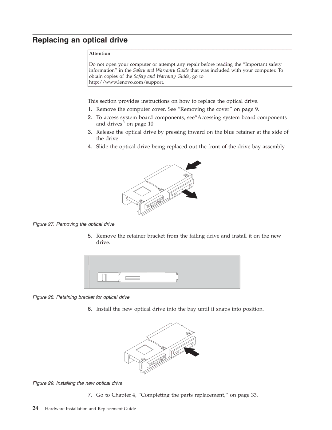 Lenovo 9792, 9784, 9489, 9703, 9358, 9481, 9351, 9438, 7096, 9949, 9853, 9788 Replacing an optical drive, Removing the optical drive 