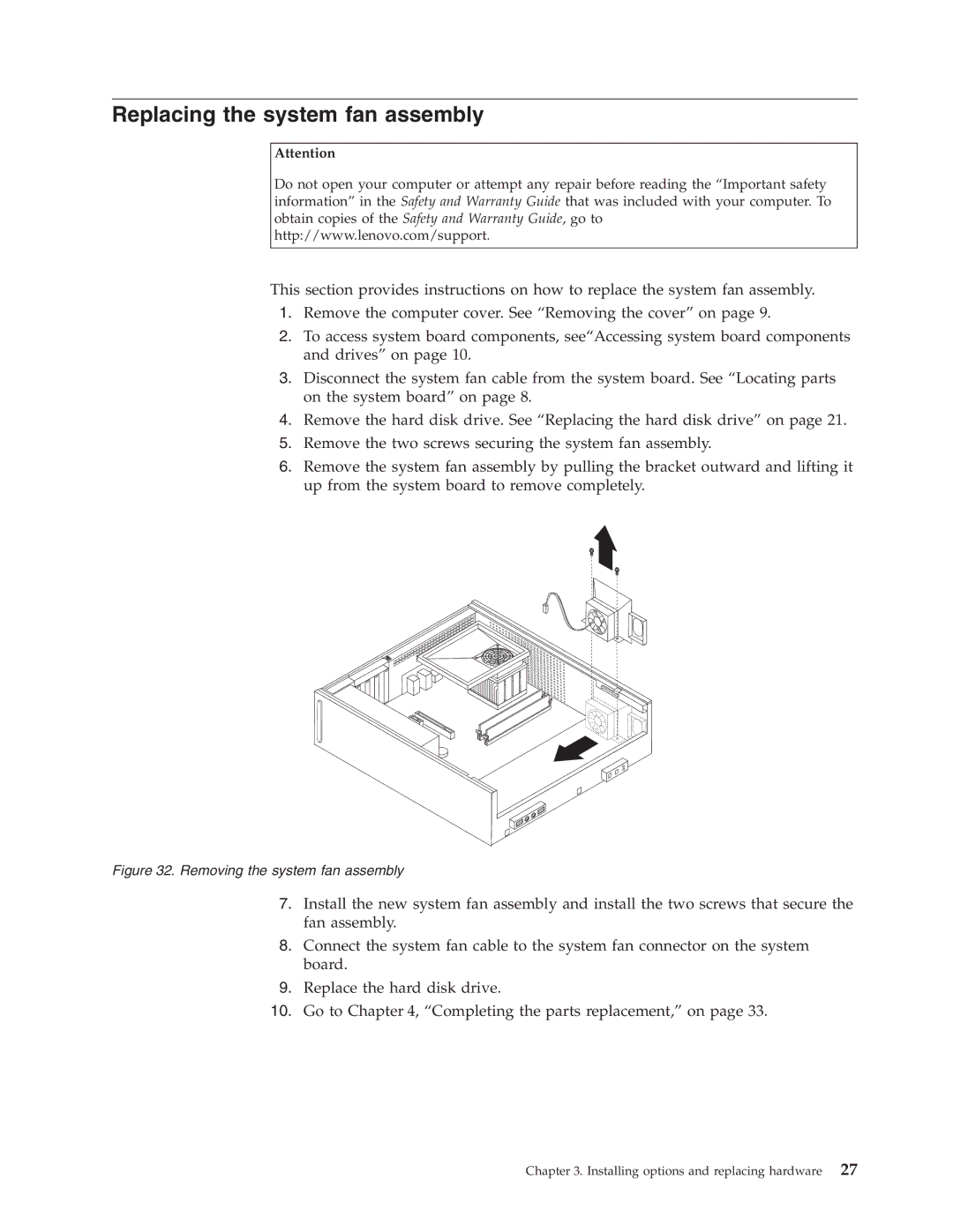 Lenovo 9788, 9784, 9489, 9703, 9358, 9481, 9351, 9438, 7096 Replacing the system fan assembly, Removing the system fan assembly 