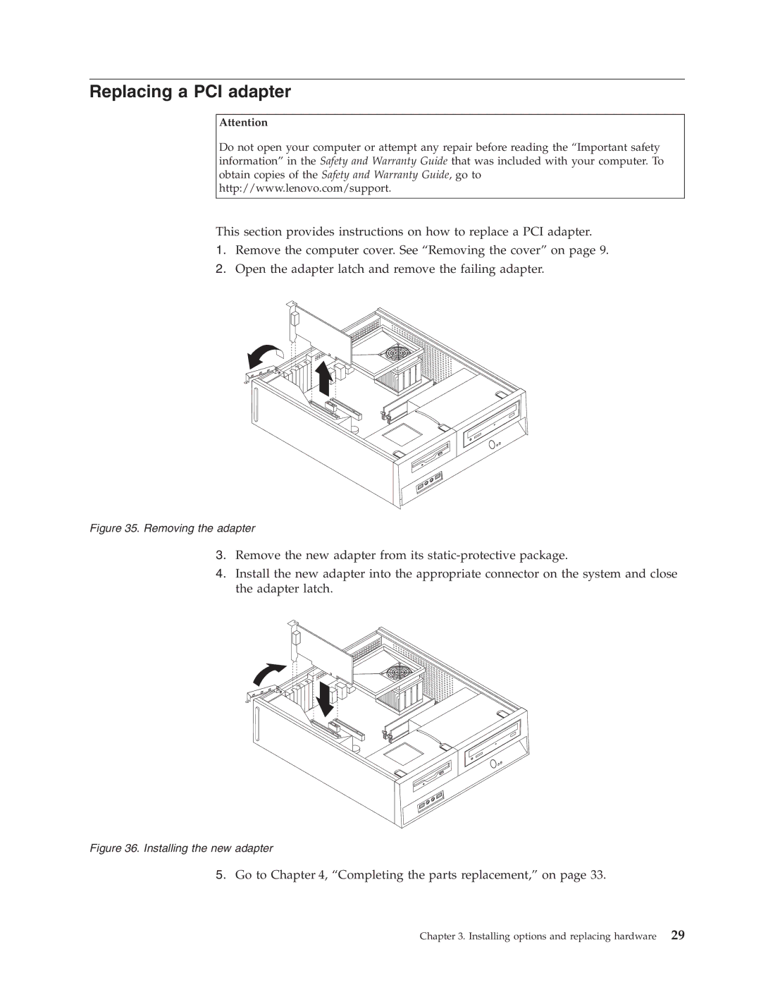 Lenovo 9489, 9784, 9703, 9358, 9481, 9351, 9438, 7096, 9792, 9949, 9853, 9788 manual Replacing a PCI adapter, Removing the adapter 