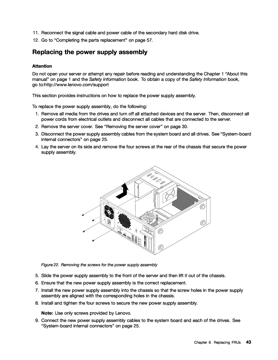 Lenovo 981, 992, 1008, 1010 manual Replacing the power supply assembly, Removing the screws for the power supply assembly 