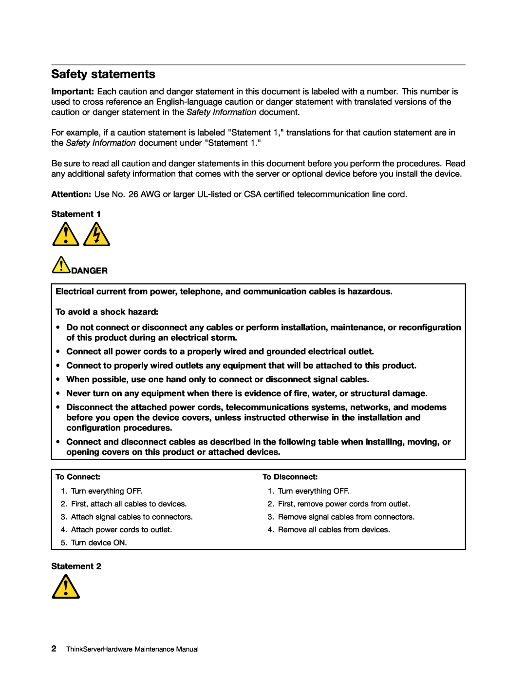 Lenovo 992, 981, 1008, 1010 manual Safety statements, Statement DANGER, To avoid a shock hazard 