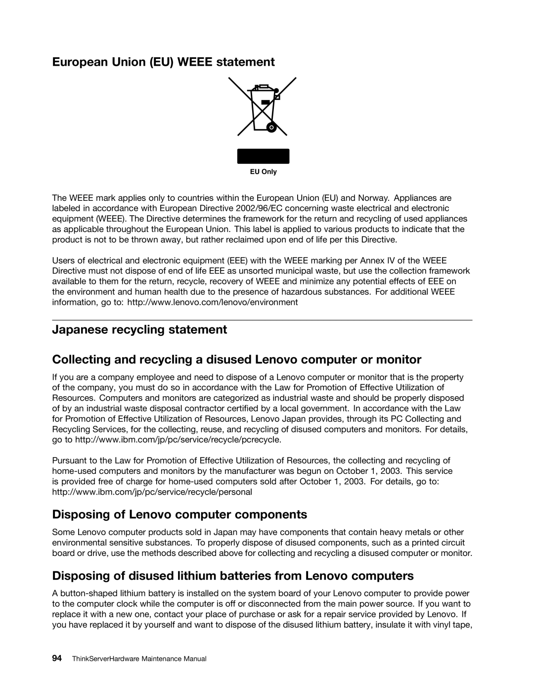 Lenovo 992, 981, 1008, 1010 European Union EU Weee statement, Disposing of disused lithium batteries from Lenovo computers 