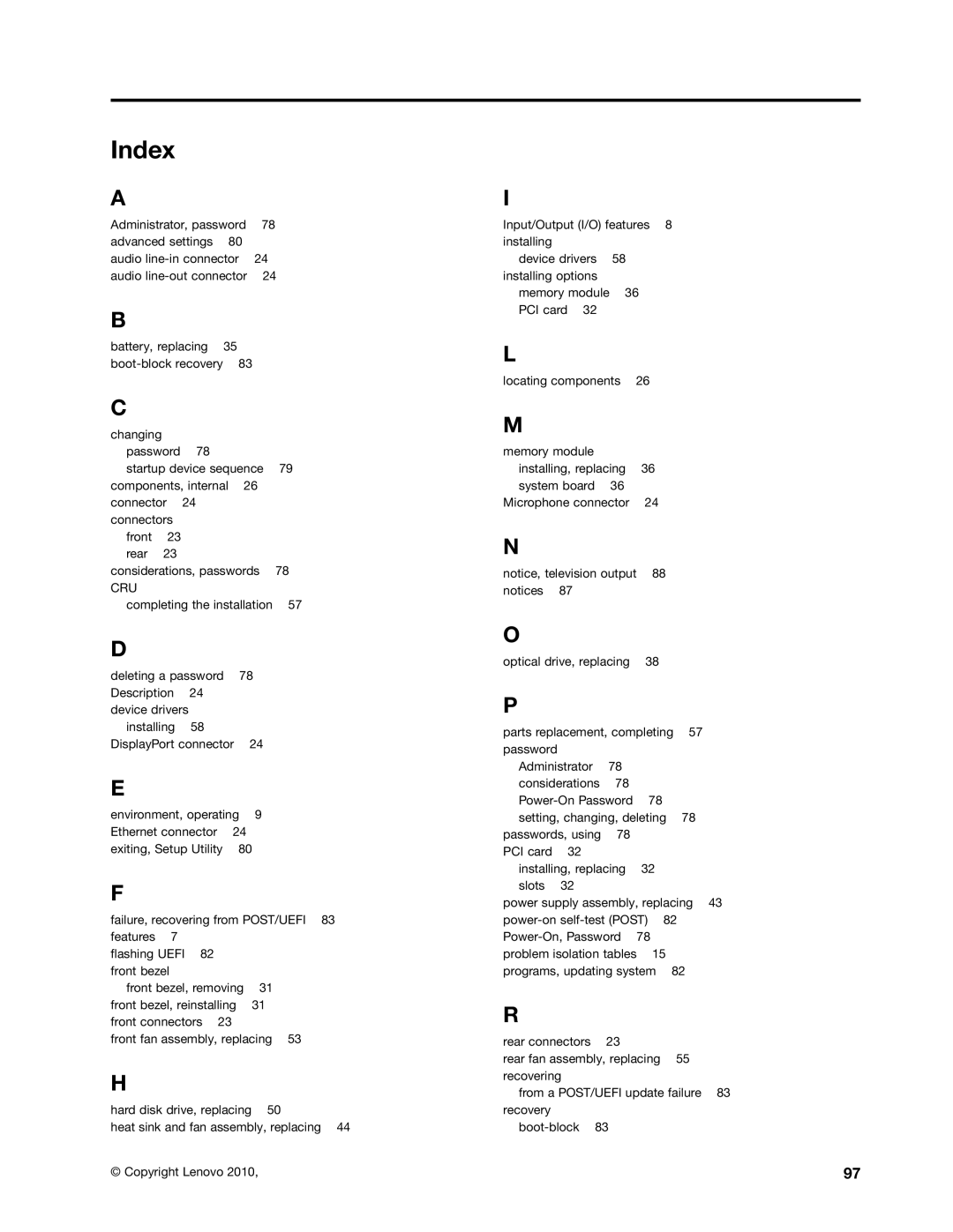 Lenovo 1010, 992, 981, 1008 manual Index, Cru 