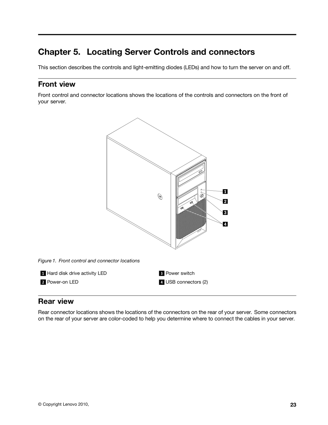 Lenovo 981, 992, 1008, 1010 manual Locating Server Controls and connectors, Front view, Rear view 