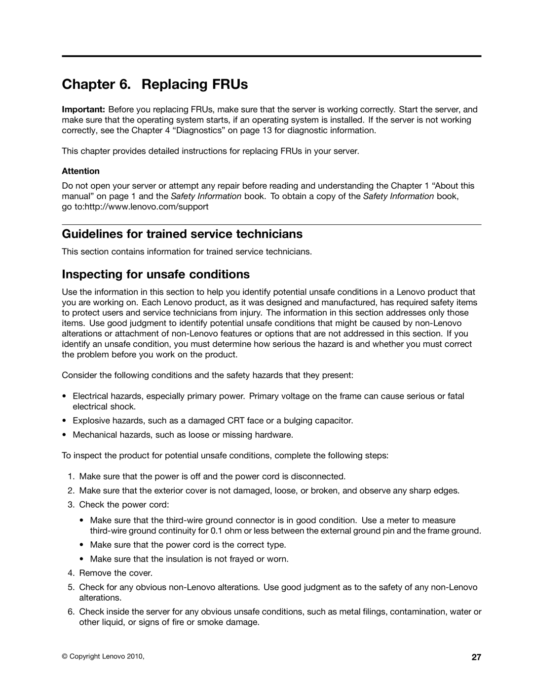 Lenovo 981, 992, 1008, 1010 Replacing FRUs, Guidelines for trained service technicians, Inspecting for unsafe conditions 