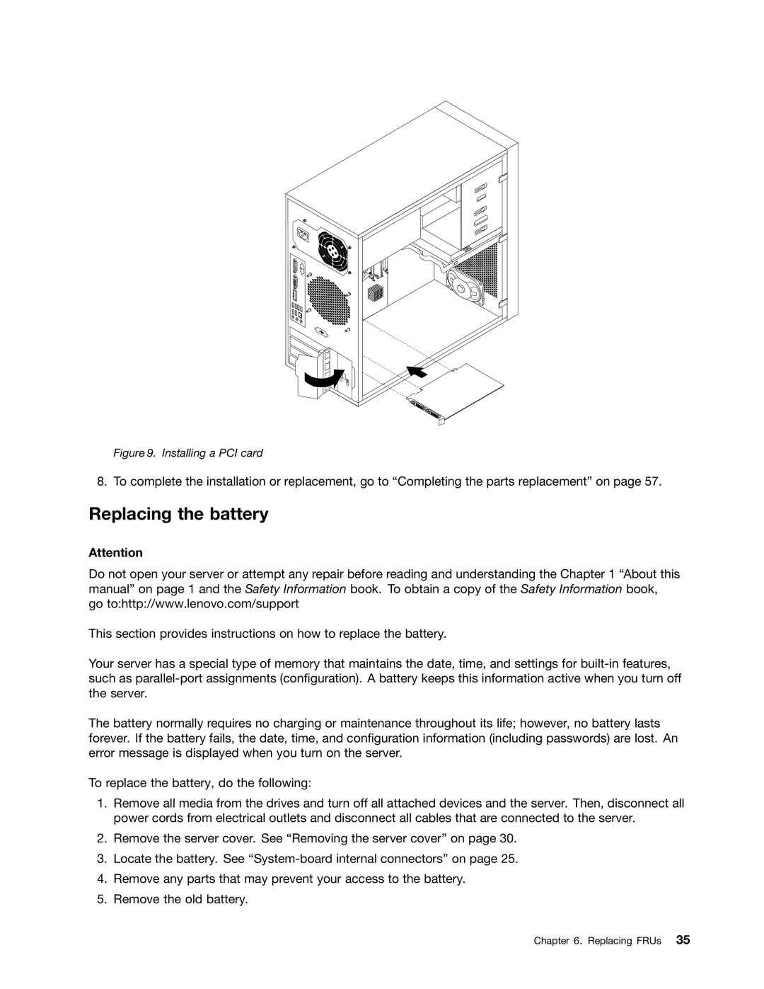 Lenovo 981, 992, 1008, 1010 manual Replacing the battery, Installing a PCI card 